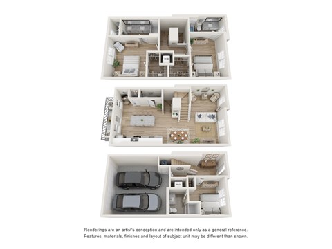 Three floor plans of a house with a kitchen, living room, and bedrooms.